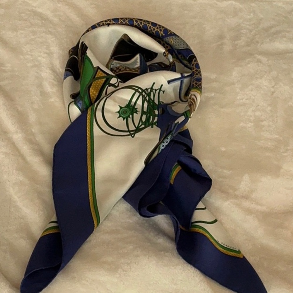 Hermès Paris Silk Scarf with Blue and Green Carriage Design
